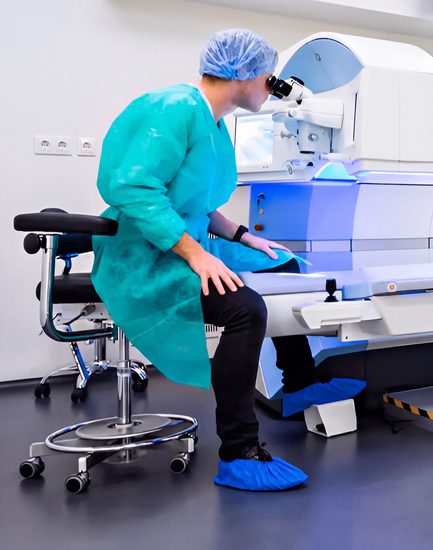 Chirurgo al microscopio laser nella sala operatoria di New Eyes Paris
